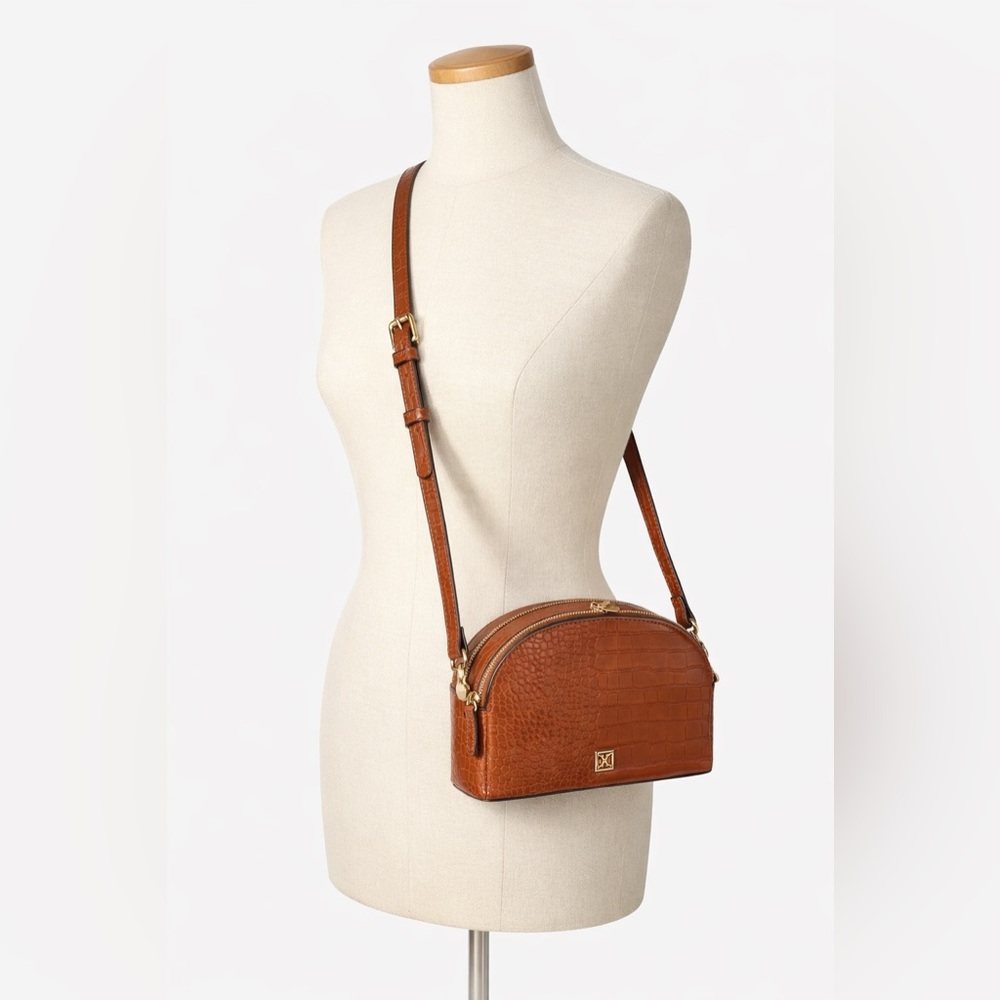 Kate Landry Crocodile Embossed Faux Leather Crossbody Bag Cognac Brown